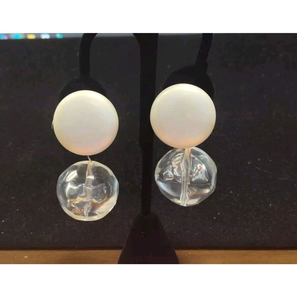Les Bernard Vintage Signed Clip-On Earring Chunky Lucite Baubles Button Top 2.5"